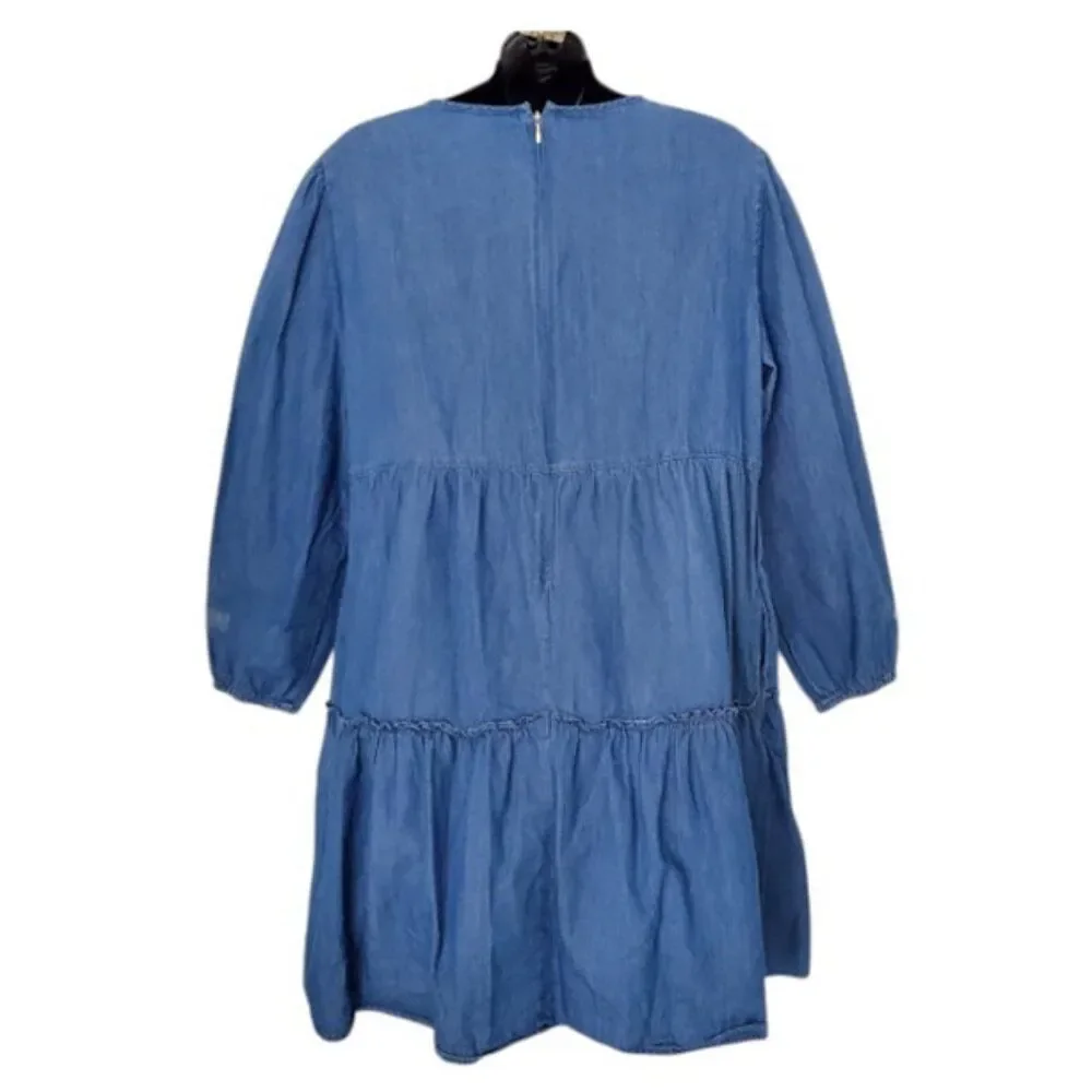Draper James Tiered Blue Chambray Dress Cotton Mini Women Sz L Cottagecore - Picture 5 of 8
